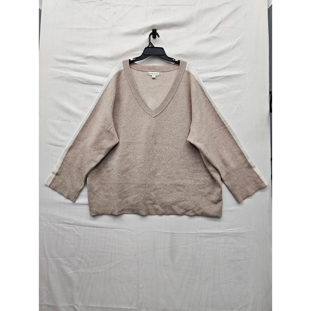 Ava & Viv Womens V-Neck Pullover Sweater Tan Polyester Blend Casual Size 3X